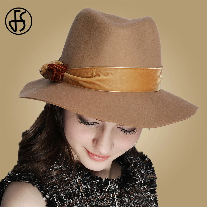 FS элегантная женская Фетровая Шляпа Fedora, Осень-зима, теплые шапки из шерсти, бархатные шапки с цветком, британский стиль, женская черная, верблюжья, джазовая шапка