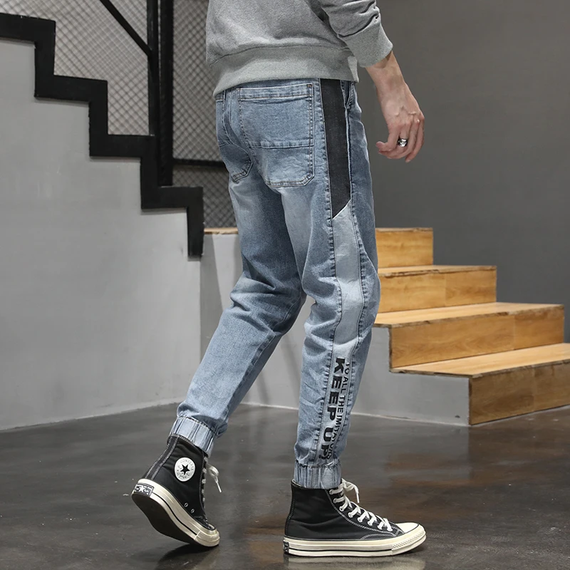 KSTUN Relaxed Tapered Jeans Men Side Patched Letters Design Dark Blue Loose Fit  Elastic Waist