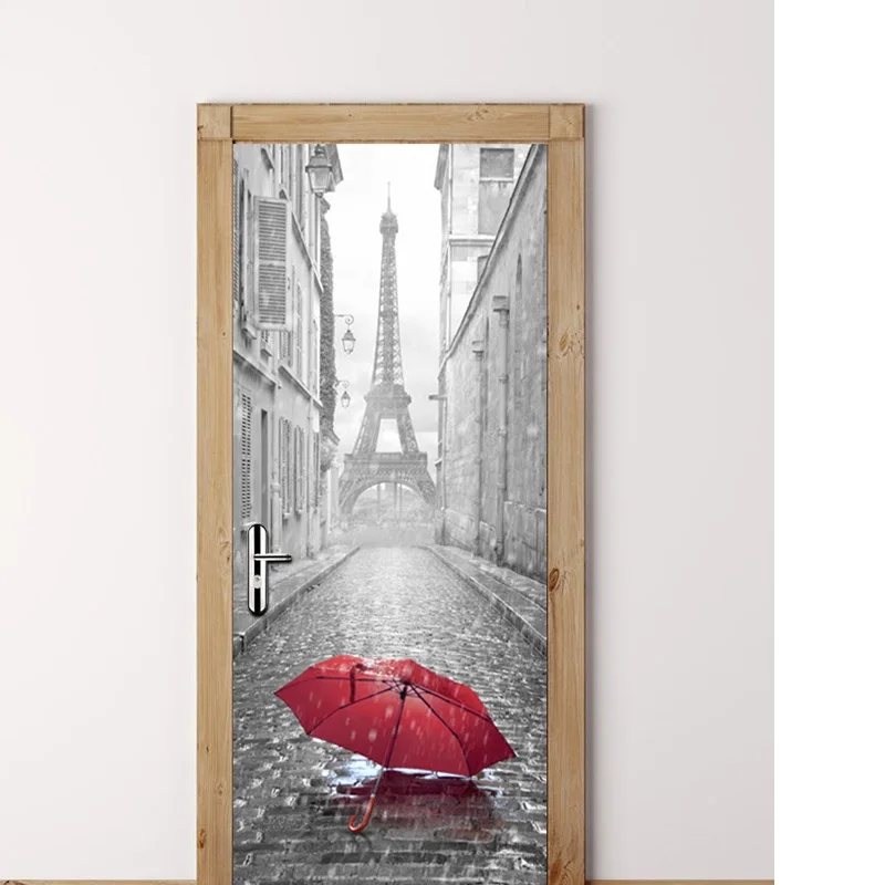 3D Эйфелева башня Парижа печать виниловые, на дверь стикер стены DIY Фреска дождь красные Зонты украшения коридора 77*200 см