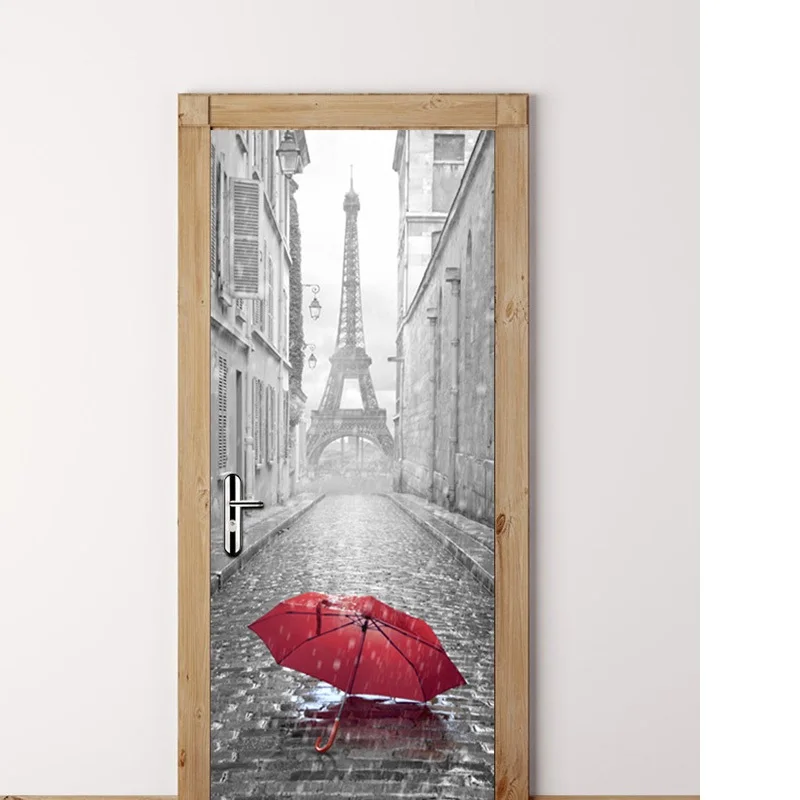 

3D Paris Eiffel Tower Print Vinyl Door Wall Sticker Free shipping DIY Mural Rain Red Umbrellas Corridor Decoration 77*200CM