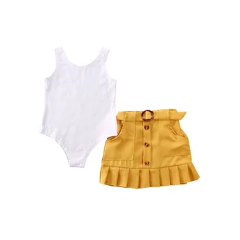 

2PCS Toddler Kids Baby Girl Clothes Sets Sleeveless Solid Vest Romper Yellow Pleated Skirt Summer Outfit Set 1-5Years