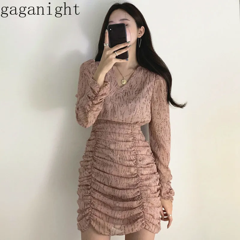 

Gaganight Floral Women Mini Short Bodycon Dress Long Sleeve V Neck Draped Sweet Ladies Dresses Spring Fashion Korean Vestidos