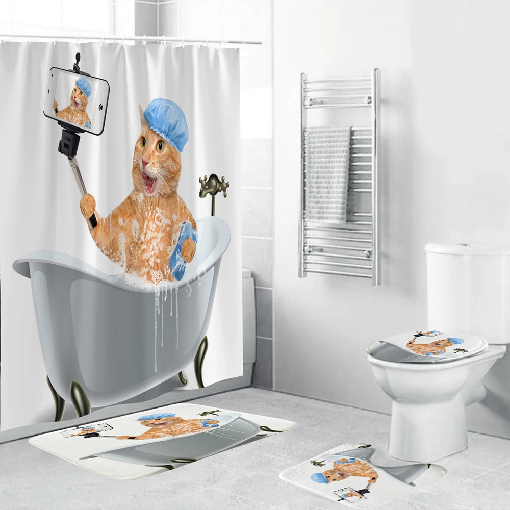 Ba97 Funny Cat Shower Curtain 4 Piece Bathroom Set Funny Cat Shower Curtain