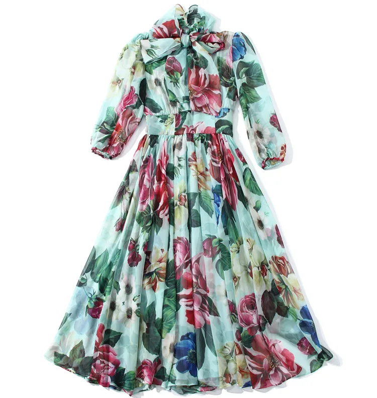 MoaaYina Fashion Designer dress Spring Summer Women Dress Bow collar Rose Floral-Print Elegant Vacation Chiffon Dresses