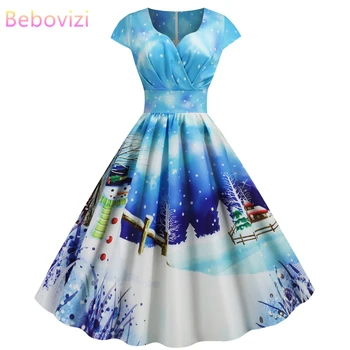 

Bebovizi Women 2019 Houses Snowman Print Elegant Christmas Party Dress Plus Size Casual Winter V-Neck Robe Femme Vintage Dresses