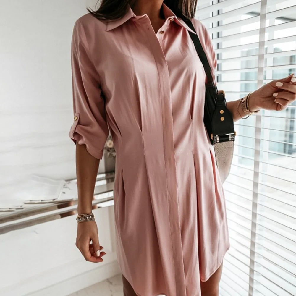 Women Casual 3/4 Sleeve Buttons Irregular Hem Stitched Waist Long Shirt Mini Dress