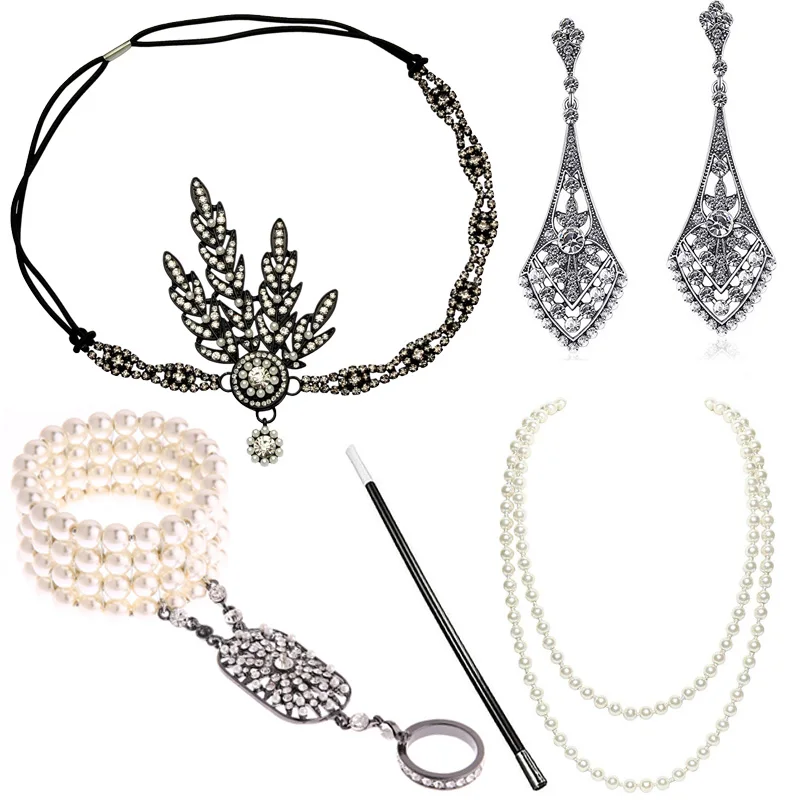 1920s Great Gatsby Accessories Set for Women 20s Costume Flapper Headband Pearl Necklace Bracelet Earring Cigarette Holder ladies halloween costumes Cosplay Costumes