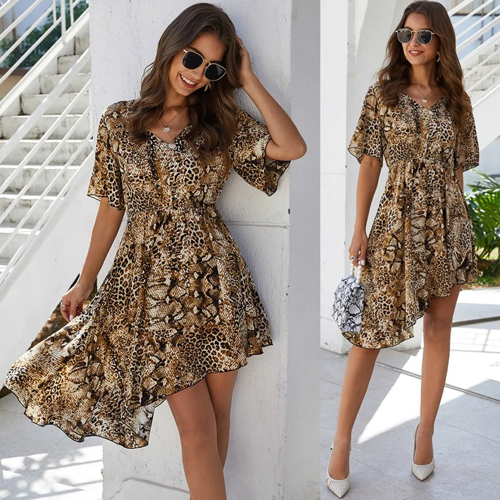 women dress Summer Chiffon Women Leopard Print Beach Dresses Casual Ruffle Long Sleeve V Neck Mini Party Dress#G3