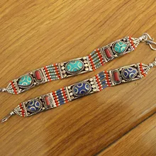 BR057 ручной работы непальский Женский Браслет-манжета Этнические тибетские медные инкрустированные красочные Камни 15 мм широкая застежка браслеты