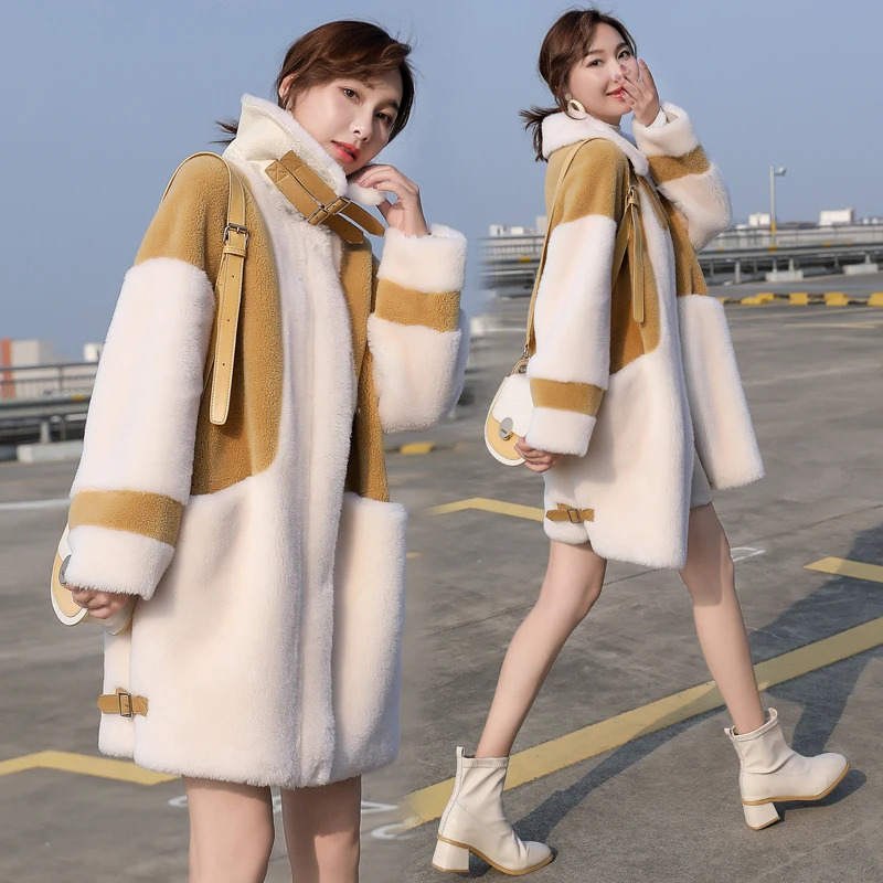 Зимняя уличная одежда, модное женское разноцветное пальто средней длины в стиле пэчворк, элегантная женская теплая верхняя одежда с подкладкой из овечьей шерсти