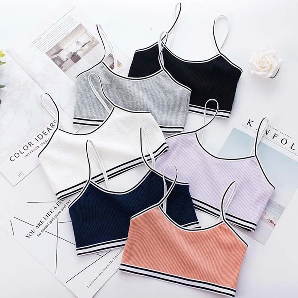 1PC Teenage Puberty Girl Sweet Candy Color Bra Underwear Striped Patchwork Thread Ribbed Wireless Bralette Vest