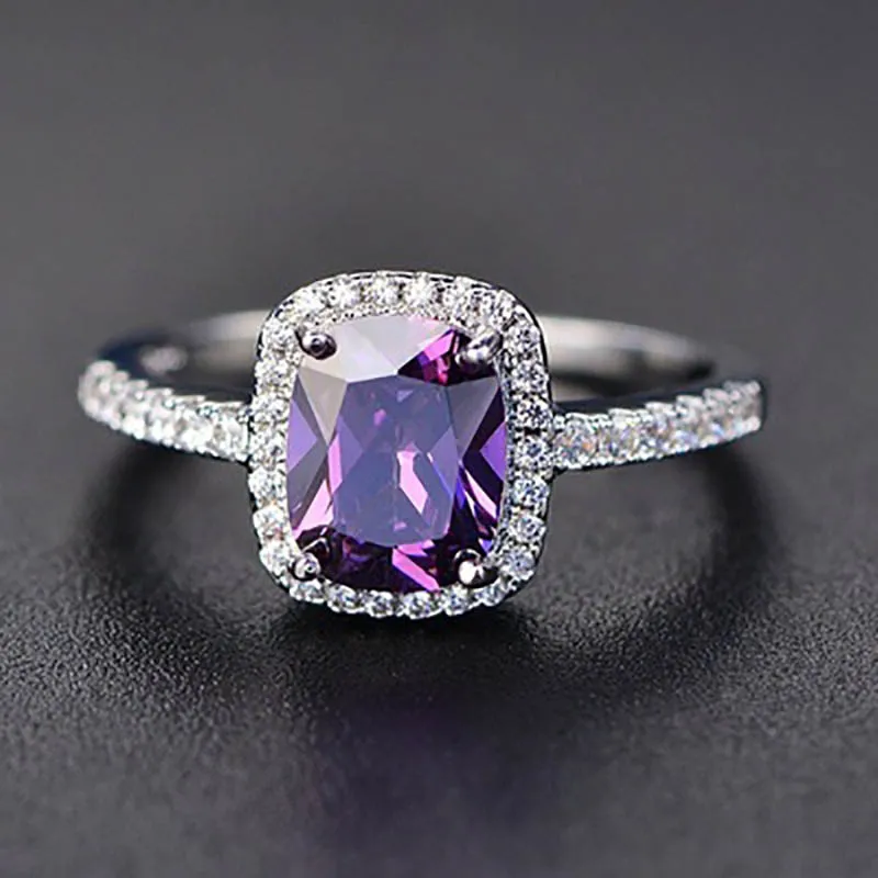 purple JoiasHome 925 пробы Серебряное кольцо классическое с квадратным фиолетовым подвеска с драгоценным камнем женское серебряное ювелирное изделие для помолвки подарок для леди размер 6-10 - Цвет камня: purple