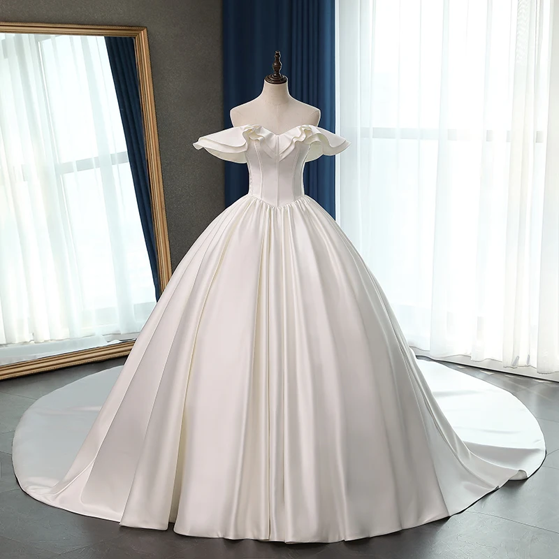 Fansmile сатиновое Vestido de Noiva элегантное бальное платье свадебное платье Длинный Шлейф Свадебное бальное платье размера плюс индивидуальный FSM-076T