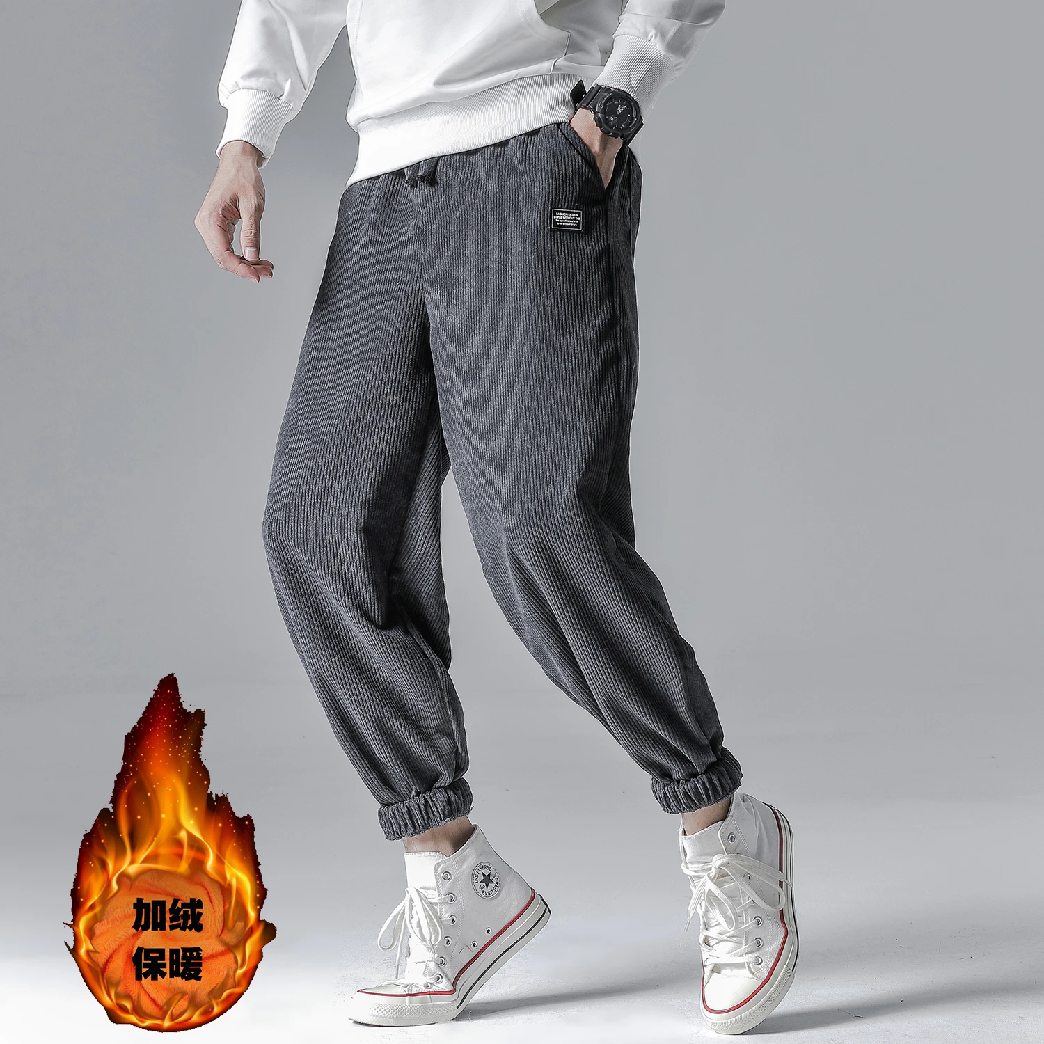 Plus Velvet Corduroy Pants Men's Fashion Solid Color Retro Casual Pants Men Streetwear Loose Hip Hop Trousers Large Size M-5XL - Цвет: gray