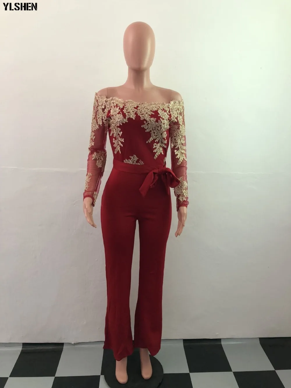 Women Jumpsuit Sexy Lace Ladies Jumpsuits Party Casual Wide Leg Overalls Off Shoulder Long Sleeve Romper Skinny Rompers Trousers 48