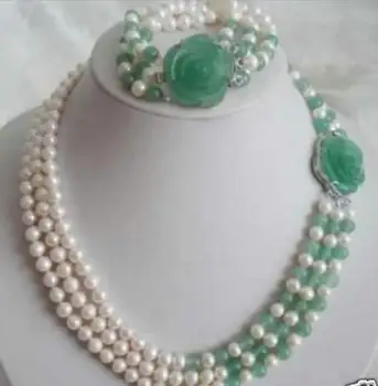 

Free shipping new hot White Freshwater pearl Natural Green jade Necklace Bracelet Set