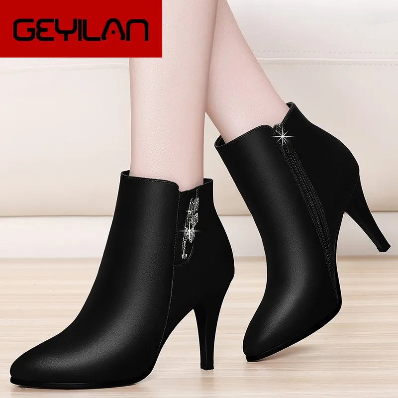 

2019 New Pointed Toe Women Boots Genuine Leather Ankle Boots Thin High Heel Autumn Black Fashion Female Shoes YG-B0025