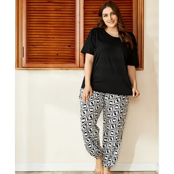 

Plus size home service fat ladies plus size home service two-piece printed short-sleeved trousers pajamas