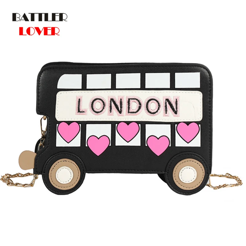 Cute LONDON Bus Design Girls Chain Shoulder Bag Embroidered Cartoon Women Novelty Purses And Handbags Fashion Red Crossbody Bag