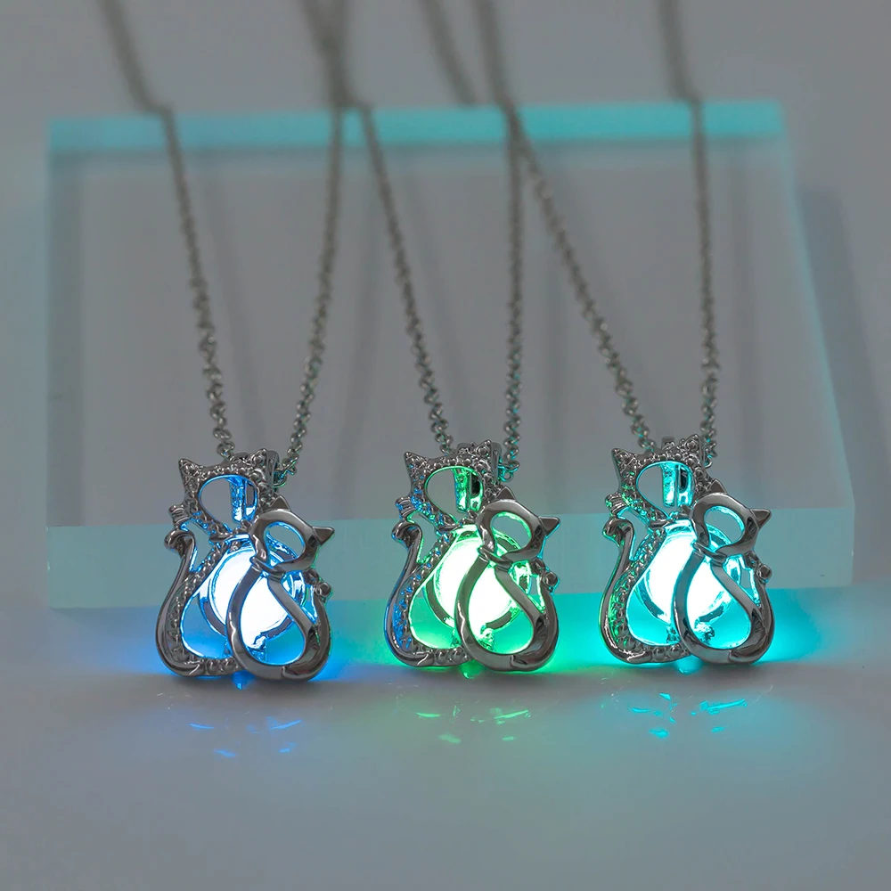 Полое светится в темноте каменное ожерелье с кулоном в форме двух милых котов светящееся ожерелье для женщин и девушек ювелирные изделия в подарок вечерние аксессуары