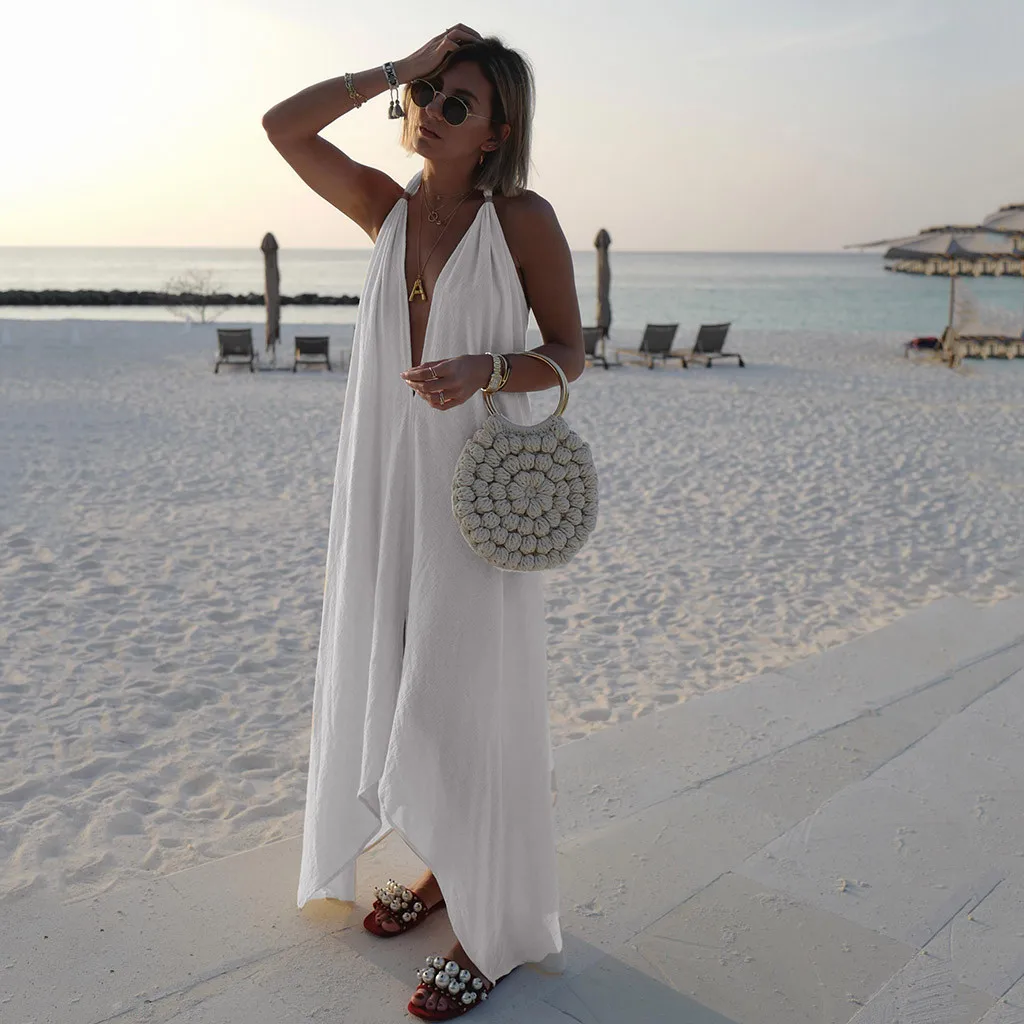 Deep V-neck Beach Dress Women Casual 