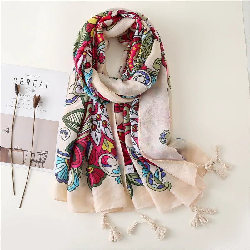 

Silk Scarf New Style for Autumn and Winter Large Beach Towel Scarf National Style Flower Totem Cotton and Linen Shawl Dual-Use