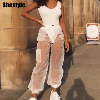 

Shestyle Pockets See Through High Waist Loose Casual Streetwear Transparent Sexy Cool Cargo Pants Dancing Trousers Women