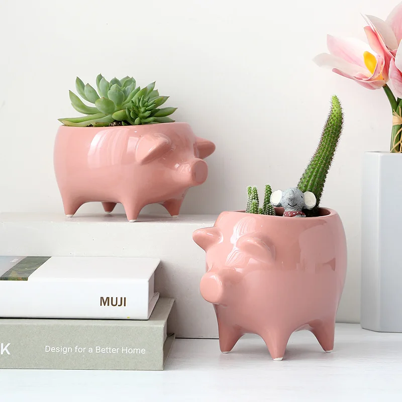 

Cute Pig Flowerpot Creative Personality Fleshy Pink Ceramic Vase Plant Potted Breathable Potted Plant Bonsai Desktop Decoration