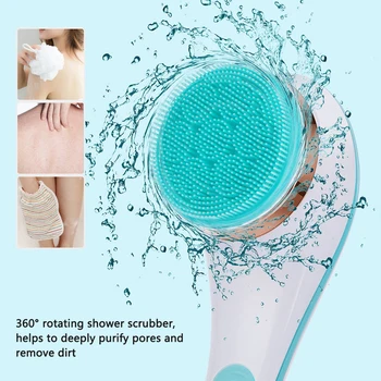 Electric Silicone Bath Brush Back Scrubber 4 Brush Heads USB Rechargeable Rotating Shower Massager with 2 Speeds Long Handle 1