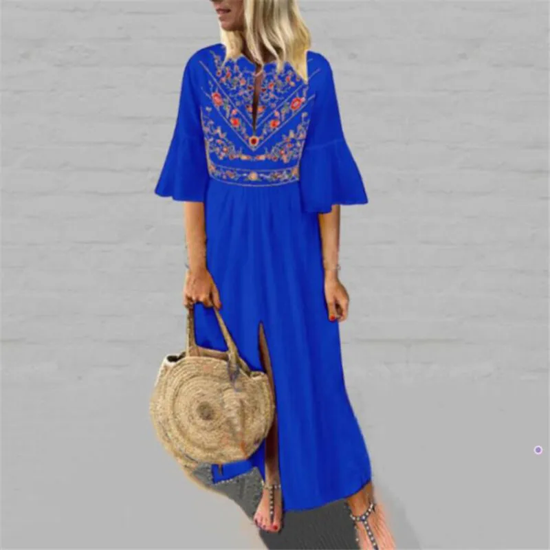 blue Инди Фолк Белый Vestidos офисный принт винтажные осенние платья женское платье длинное Цветочное платье с коротким рукавом женское - Цвет: blue