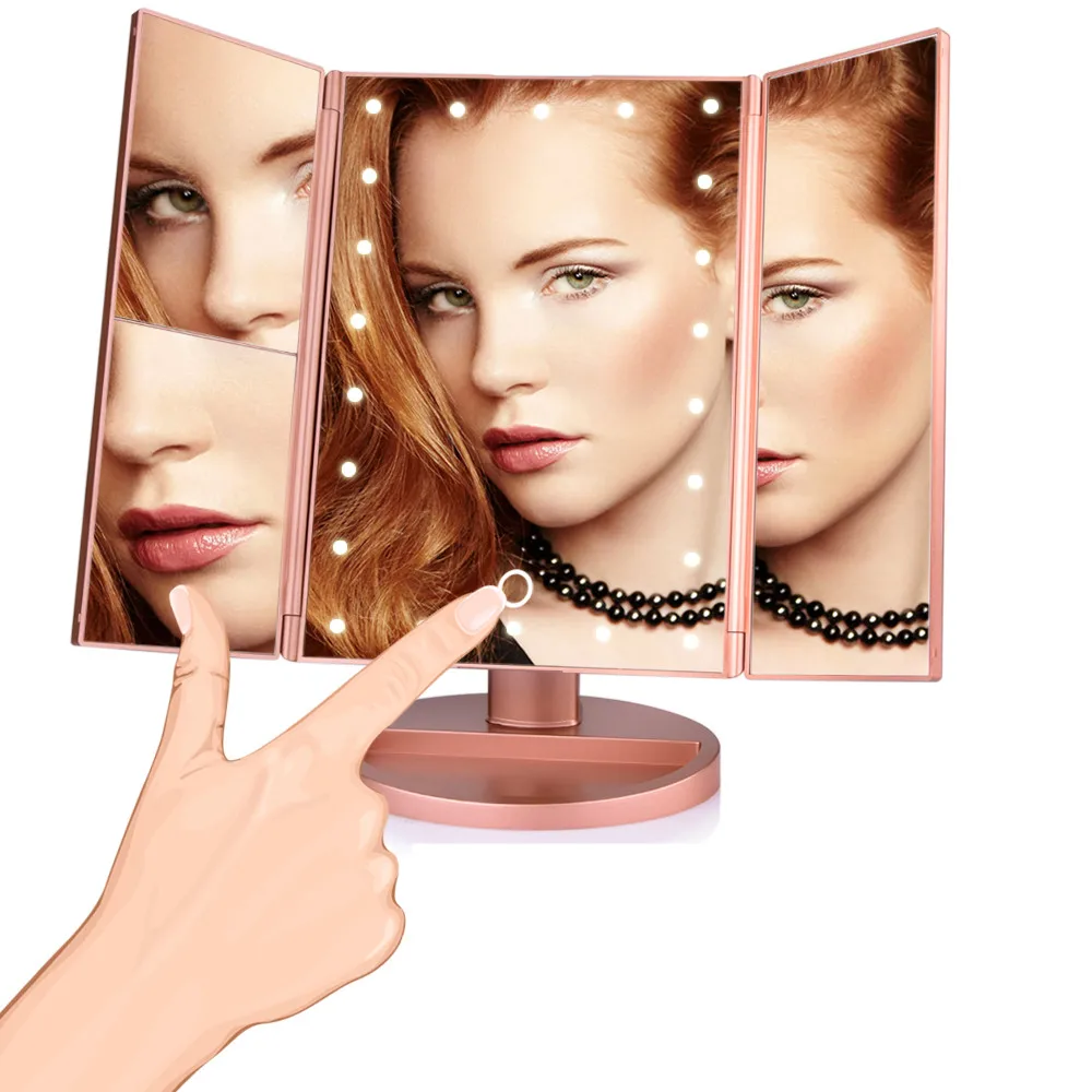 

LED Makeup Mirror 22 Vanity Light Magnifying 3 Floding Countertop Touch Screen Cosmetic 10x Magnifier Small Mirror Beauty