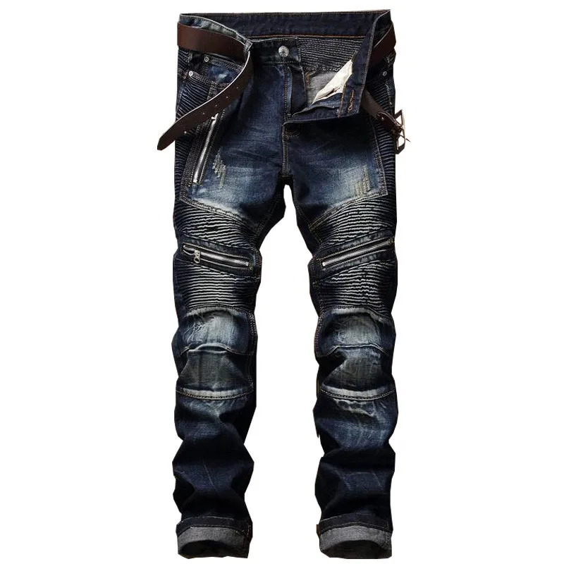 

2019 Pleated Biker Jeans Pants Men's Slim Fit Brand Designer Denim Trousers For Male Straight Washed Multi Zipper Pants Homme