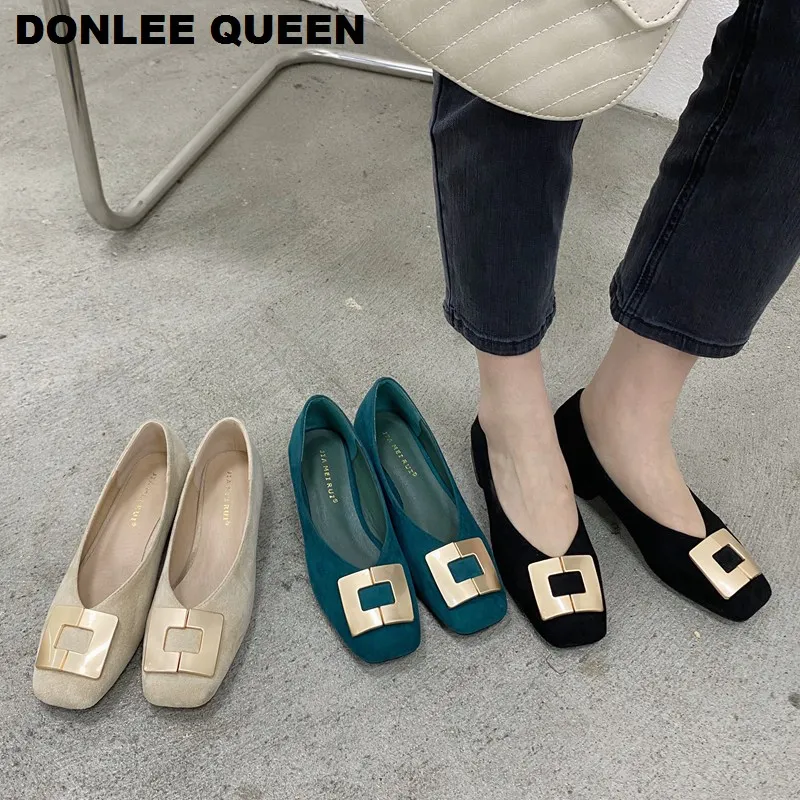

2020 Fashion Low-heeled Metal Buckle Shoes Women Spring Autumn Skid-proof Square Toe Flats Korea Style Ballerina Shoes Chaussure