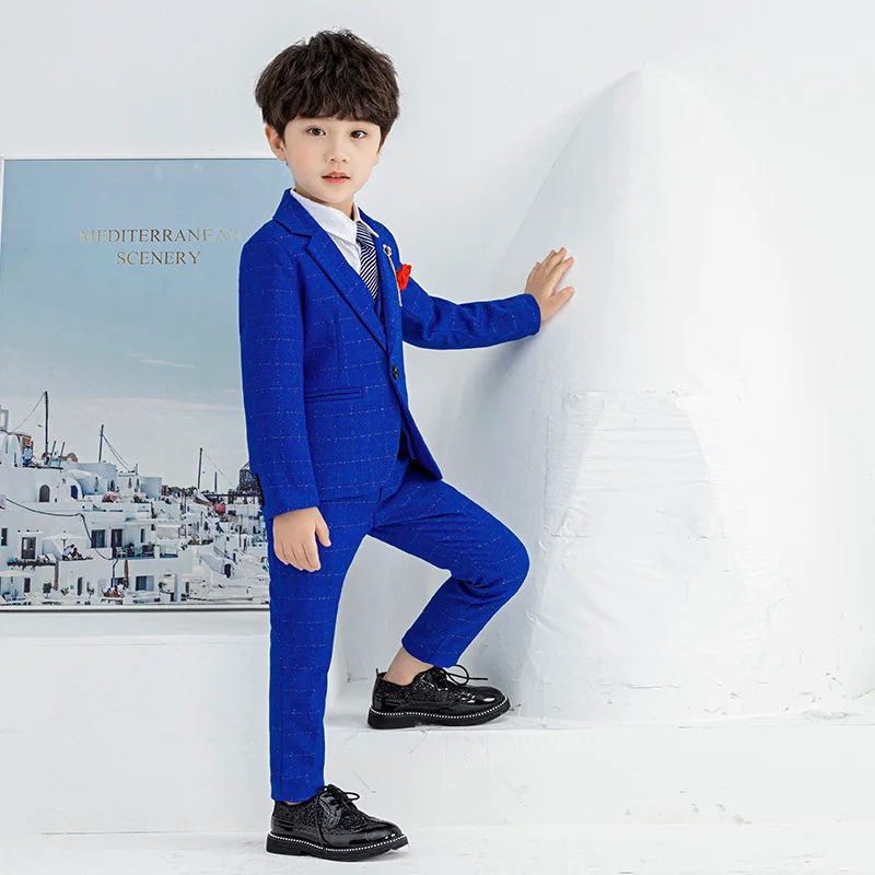 blue 3pcs set Новые торжественные костюмы с цветочным рисунком для мальчиков Детский Свадебный Блейзер, брюки, жилет комплект одежды из 3 предметов, Детские вечерние костюмы-смокинги для дня рождения, выпускного вечера - Цвет: blue 3pcs set