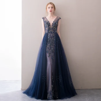 

Navy Blue Evening Dresses Crystal Beaded Tulle Formal Elegant Vestidos De Fiesta De Noche Hanldy Evening Dresses