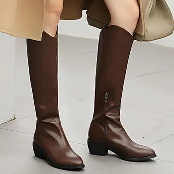 

Women Round Toe Square Heels Knee High Boots Fall Winter Fashion Zipper Casual Boots Woman Black Brown White Boots Shoes 2020