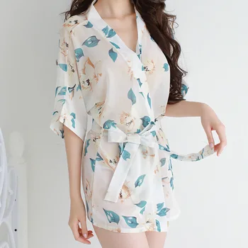 

Sexy Chiffon Printed Nightgown Plus Size Pajamas Half Sleeve V-neck Kimono Robe Women Lingerie