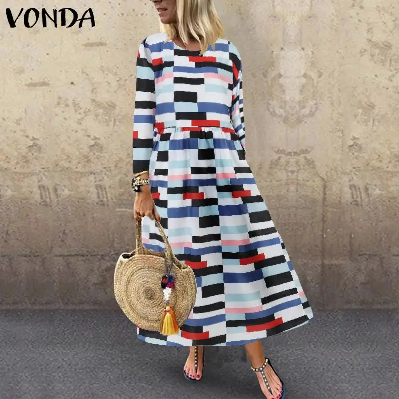 

VONDA Women Fashion Printed Dress Casual Round Neck Long Sleeve Party Dresses 2019 Beach Sundress Female Vestidos Plus Size 5XL