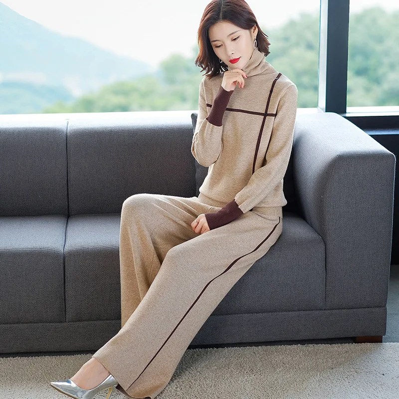 

Knitted Tracksuit Women Set Two Piece Pullover Jumper Sweater Long Sleeve Turtleneck Sweatshirt Sweatpants Casual Clothes Outfit