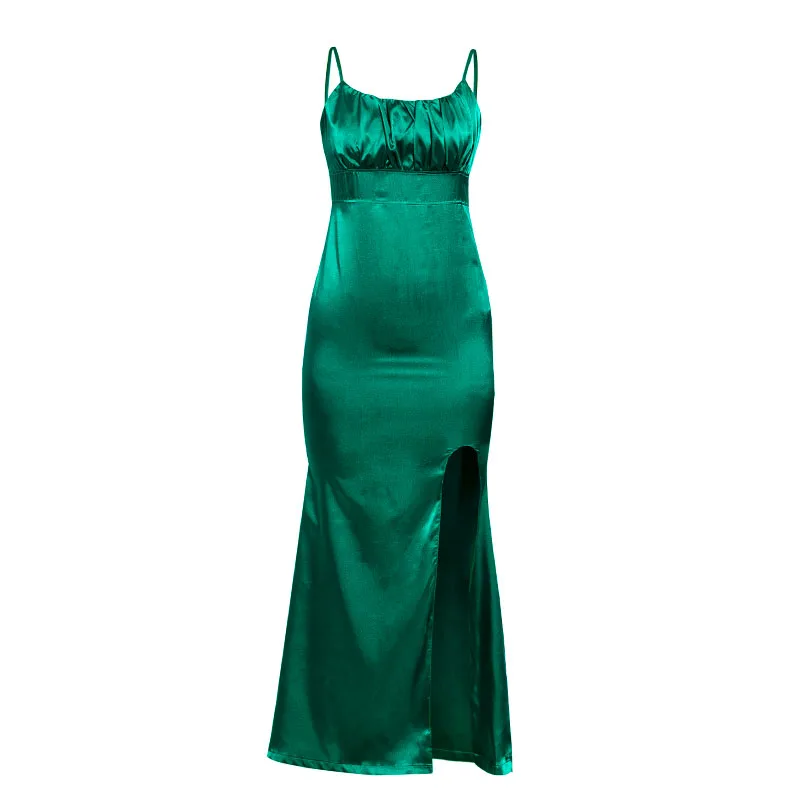 Conmoto/модное сексуальное женское платье на тонких бретельках с разрезом сбоку, шикарное тонкое атласное платье, вечерние Клубные платья без застежки, большие размеры - Цвет: Зеленый