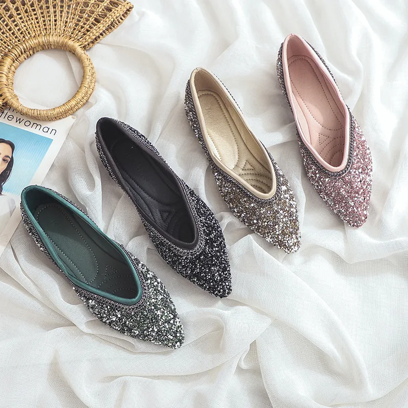 Luxury 2020 New Women Shoes Ballet Flats Boat Shoes Bling Pointed Toe Solid Slip-On Zapatos De Mujer Ladies Shoes High Quality