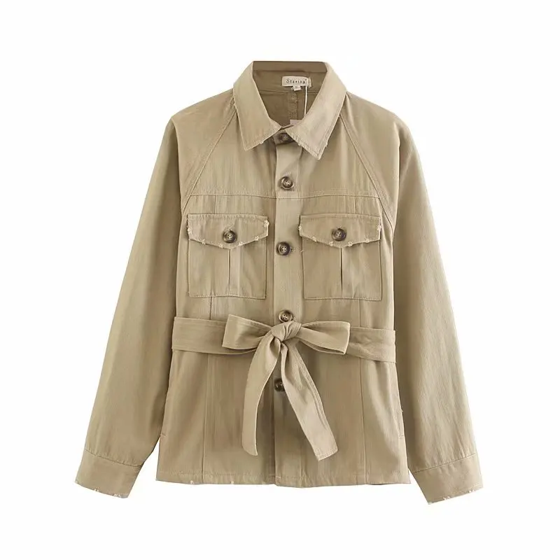 remarkable  women winter jacke vintage army khaki coats and jackets women oversize coat streetwear sashes pocke