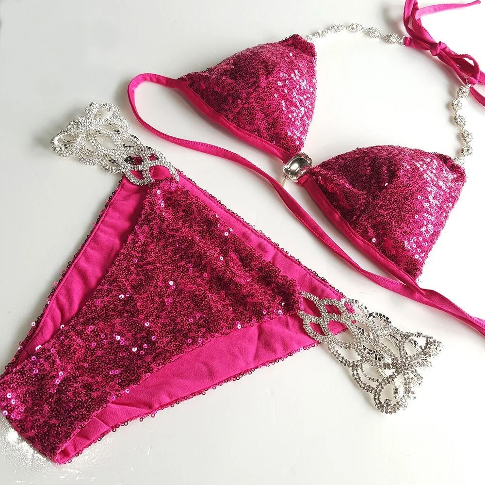 

2018 Europe And America Camisole Sexy V-neck Rhombus Man-made Diamond Backless Metal Chain Sequin Bikini Set Seaside Degree