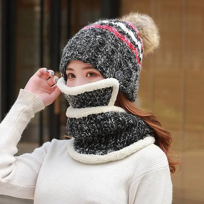 

Winter Hats For Women Knit Beanies Hat with Bib and Mask Female Ear Protection Skullies Hat Warm Velvet Thick Riding Wool Cap