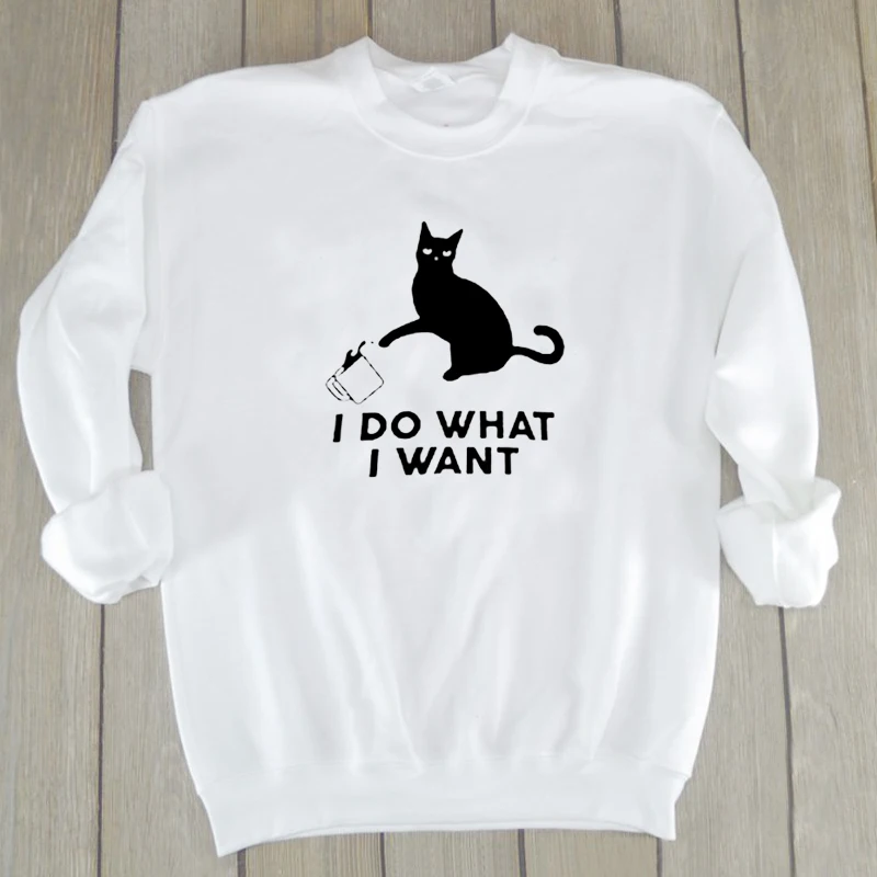 Cat i do what i want»; Для женщин футболка с круглым вырезом из хлопка с длинным рукавом Толстовка с принтом толстовки Костюмы Прямая доставка