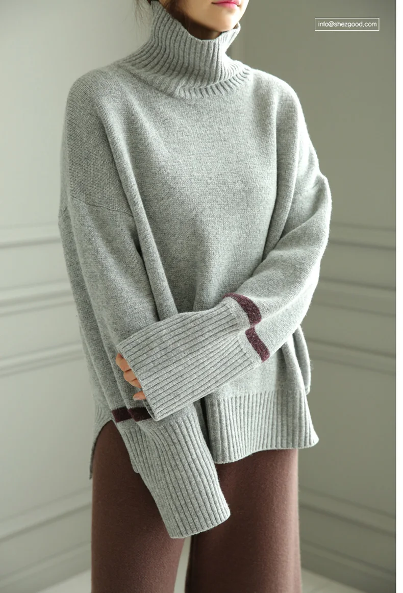 Зимний кашемировый вязаный женский свитер с длинным рукавом, полосатый Свободный теплый свитер с высоким воротом, женские пуловеры размера плюс, корейский джемпер