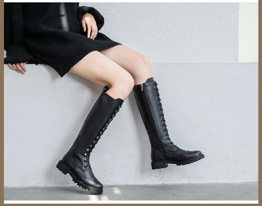 SOPHITINA Knee-High Boots Genuine Leather Solid Round Toe Round Toe Dark Style Long Laces Overbearing Shoes Zipper Boots MO304