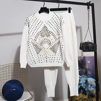 

Spring Autumn New Fashion Knitted Set Beading Tracksuit Women Knit Sweater + Long Pants 2pc Female White Black Knitting Outfits