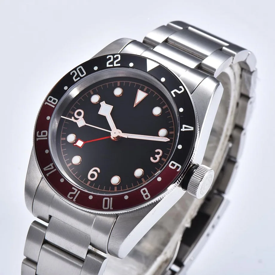 

automatic GMT Mens Watch 41mm 316LSilver Stainless Steel Case Black Sterile Dial Luminous Pointer