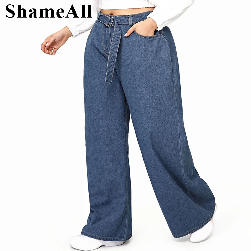 

Plus Size Wide Leg Long Jeans 3XL 2XL Autumn Spring Women Boyfriend Loose Buckle Belt Long Casual Denim Pants Mom Jeans